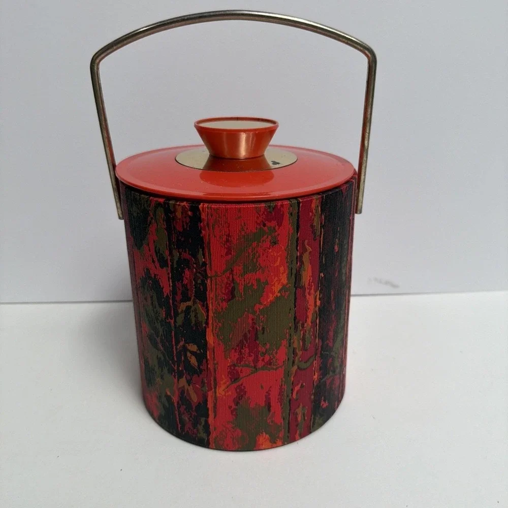 Mid Century Modern‎ Ice Bucket Faux Bois Red Brass Handle 10